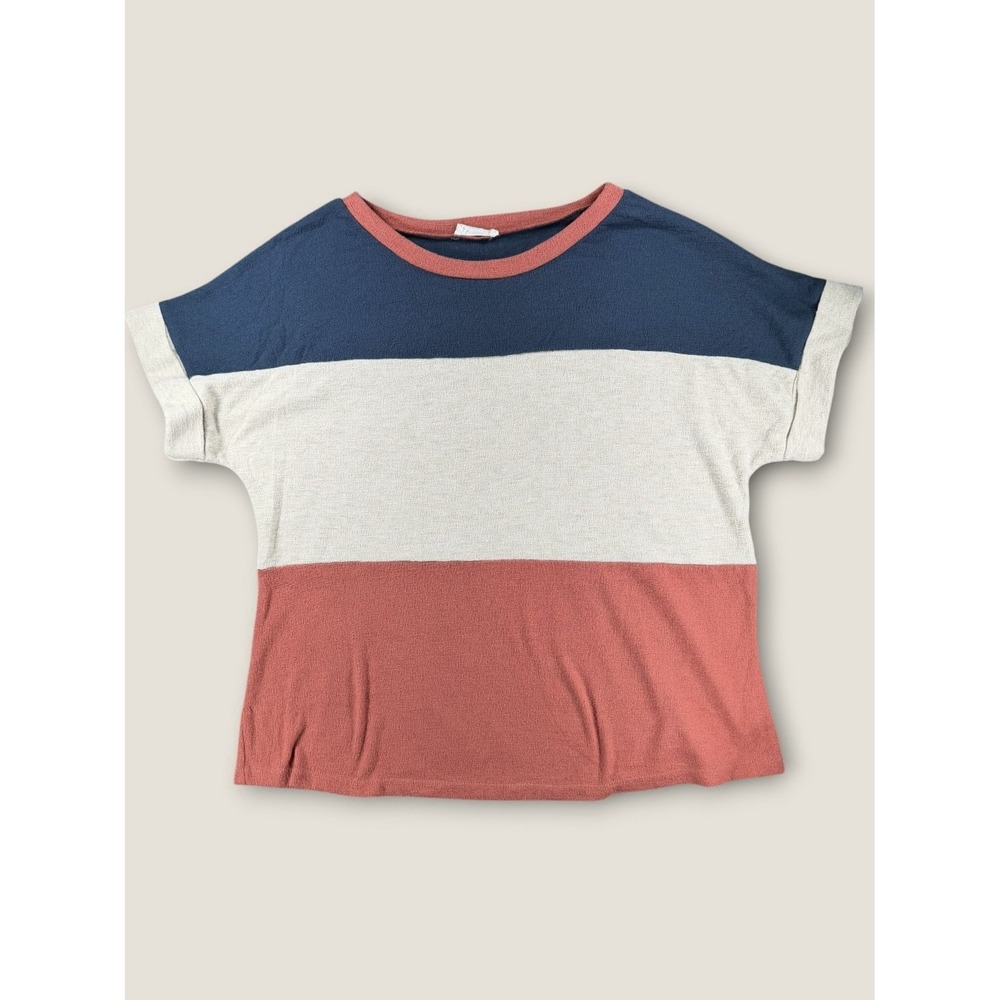 Entro Colorblock Top Womens Medium Short Sleeve Crew Neck Red Blue White Casual